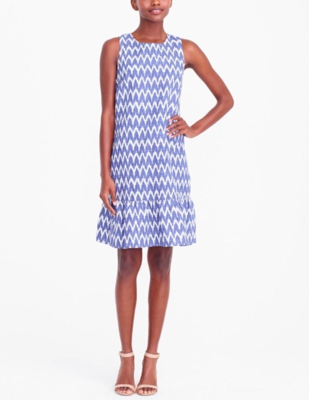 Preppy Summer W-Print Blue/White Linen Blend High Neck Tie Back J. Crew Dress